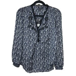 Lucky Brand NWT Blue Black Floral Embroidered Lace V-Neck Blouse Bohemian XS